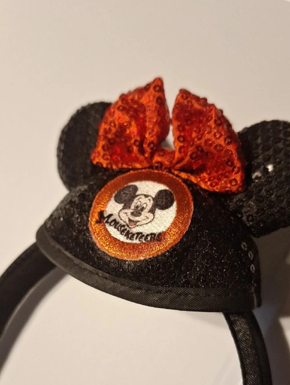 Disney Black Sequin Minnie Ear Headband with Orange Sequin Bow